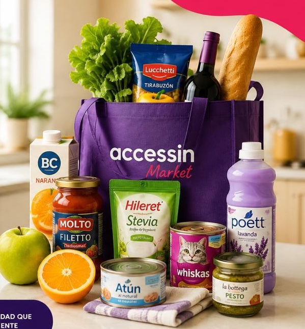 Bolsa accessin Market con productos de almacén, frescos y limpieza